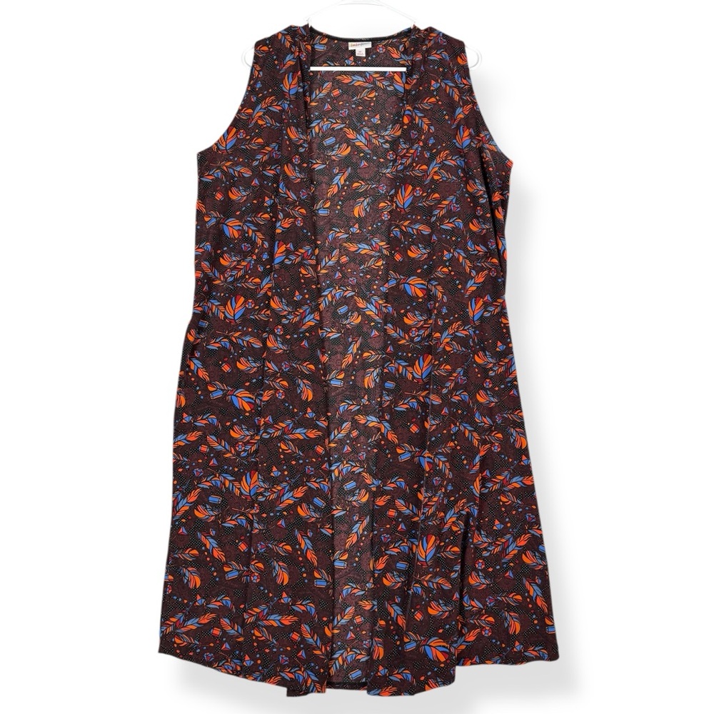 Lularoe Joy Duster Vest Womens M Medium Black Dark‎ Red Feather Print Side Slits